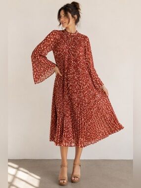 Pleated Rust Floral Tunic Dress with Bell Sleeves